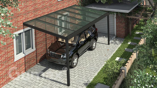 Heavy Duty Carport Zeitlos in matt schwarz 6.06 x 2.5 Meter mit Glasdach